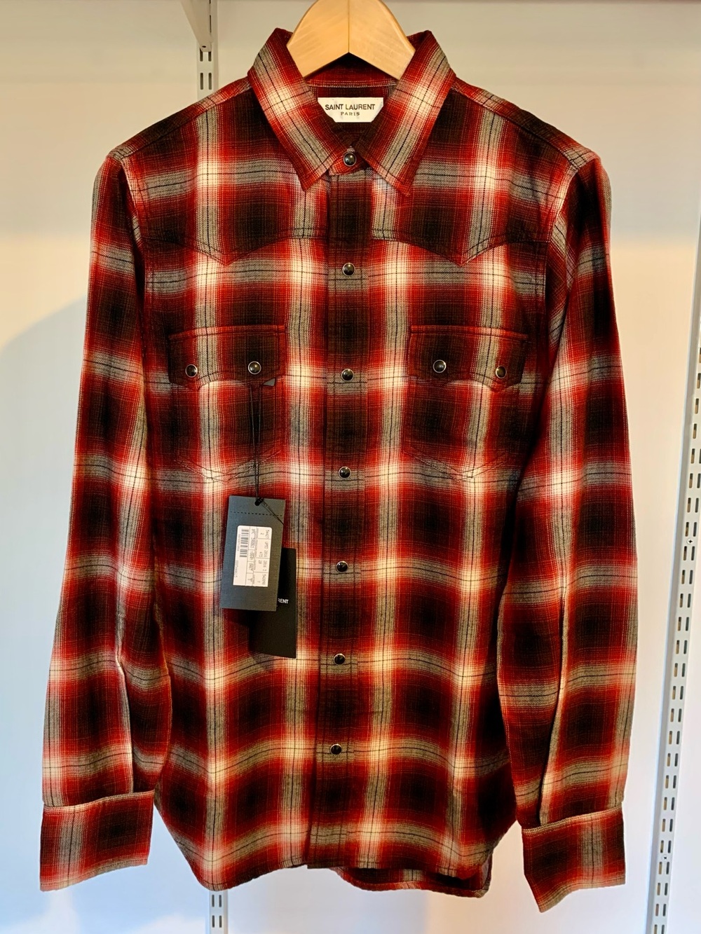 Saint Laurent Red and Black Plaid Button-Down Western Shirt